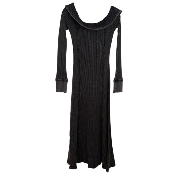Free People Boho Washed Black Waffle Knit Off Shoulder Maxi Dress Small NWT - Picture 6 of 12